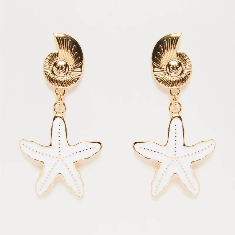 Beach Starfish Drop Gold and White Summer Tropical Vacation Earrings Jewelry